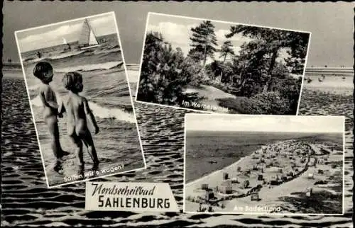 Ak Nordseebad Sahlenburg Cuxhaven, Badestrand, Wernerwald, Segelboote, Kinder am Strand