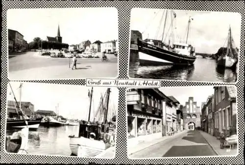 Ak Neustadt in Holstein, Platz, Hafen, Fischerboote, Straßenpartie, Geschäfte