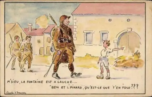 Künstler Ak Junge zeigt einem Soldaten den Weg