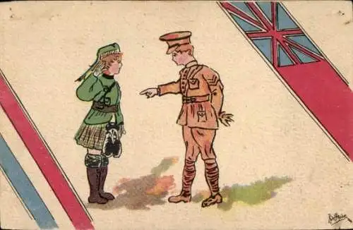 Künstler Ak Britischer Soldat, Uniform, Soldatin im Kilt, Flaggen, Orphelinat des Armees