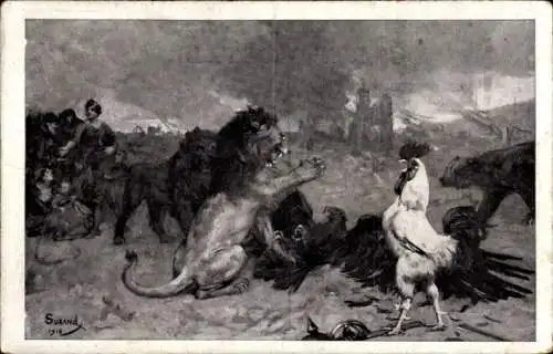 Künstler Ak Allegorien 1915, Britischer Löwe, Preußischer Adler, Gallischer Hahn, Russischer Bär