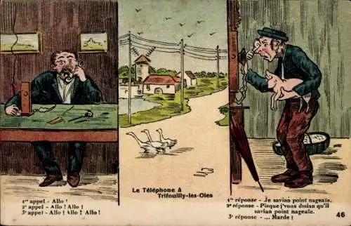 Ak Männer beim Telefonieren, Telefon, Gänse, Hochspannungsleitung