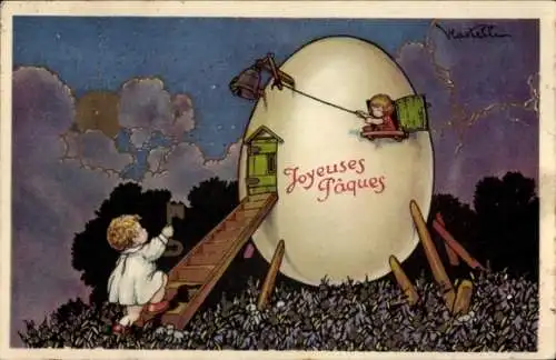 Künstler Ak Glückwunsch Ostern, Osterei als Haus, Kind, Glocke