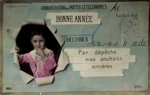 Ak Glückwunsch Neujahr, Kind-Portrait, Telegramm