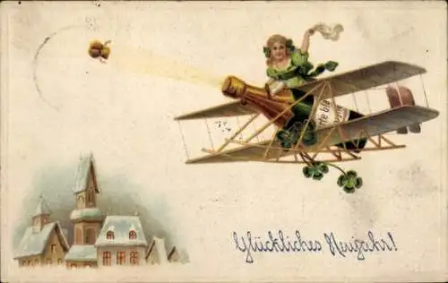 Präge Ak Glückwunsch Neujahr, Mädchen, Flugzeug, Glücksklee, Sektflasche