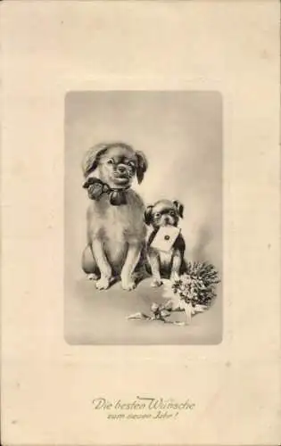 Präge Ak Glückwunsch Neujahr, Zwei Hunde, Geschenke
