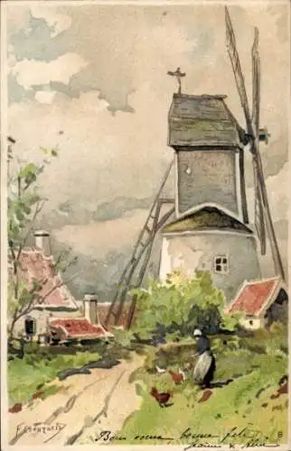 Künstler Litho Coenzaels, F., Windmühle, Frau füttert Hühner