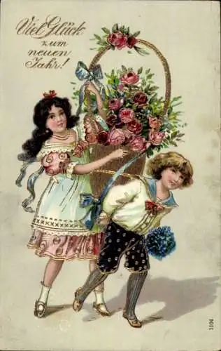 Präge A Glückwunsch Neujahr, Kinder, Blumenkorb, Rosen