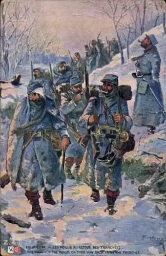 Künstler Ak In War, The Poilus at the Return of the Trenches-