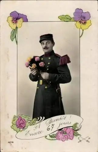 Ak Französischer Soldat in Uniform, Blumenstrauß, Rosen, Stiefmütterchen