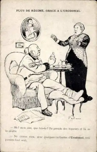 Künstler Ak Kranker Mann, Verletzter Bein, Ehefrau, Medikament Urodonal, Werbung