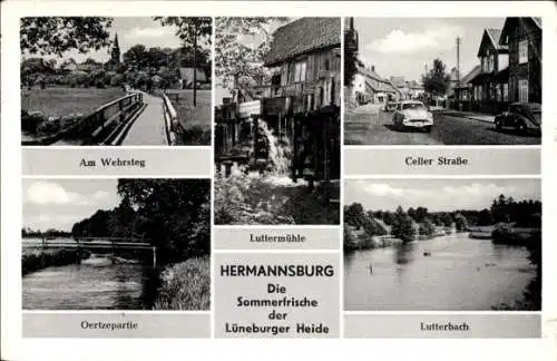 Ak Hermannsburg Südheide in der Lüneburger Heide, Wehrsteg, Celler Straße, Luttermühle, Lutterbach