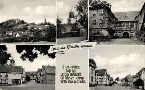 Ak Rhoden Waldeck Diemelstadt, Fachwerkhäuser, Kirche, Stadtansicht, Geschäft Bangert