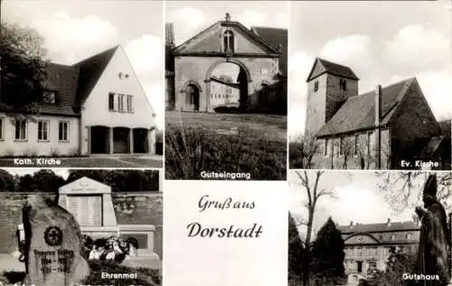Ak Dorstadt Wolfenbüttel in Niedersachsen, Kath. Kirche, Ev. Kirche, Gutshaus, Ehrenmal, Gutseingang
