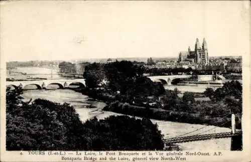 Ak Tours Indre et Loire, La Loire, le Pont Bonaparte et la Vue generale Nord-Ouest