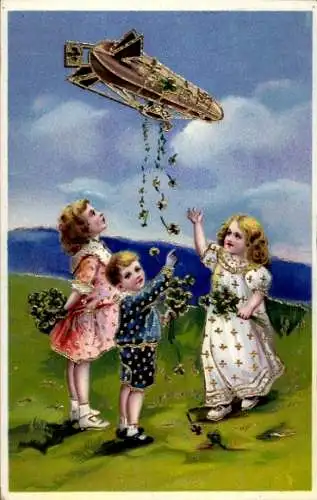 Präge Ak Zeppelin wirft Kleeblätter ab