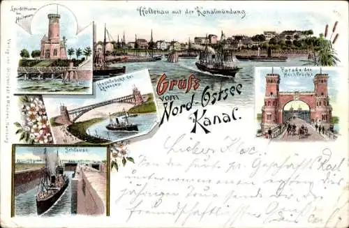 Litho Holtenau Kiel in Schleswig Holstein, Nord Ostsee Kanal, Hochbrücke, Leuchtturm, Schleuse