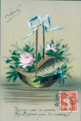Zelluloid Ak Glückwunsch 1. April, Korb, Fisch, Blumen