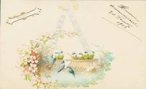 Stoff Ak Singende Meisen, Blumen, Kitsch, Souvenir