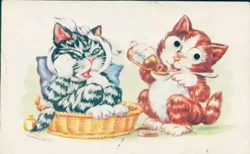 Wackelaugen Ak Vermenschlichte Katzen, Verband, Krankheit, Hustensaft