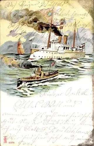 Litho Dampfer, Dampfschiff, Segelschiff