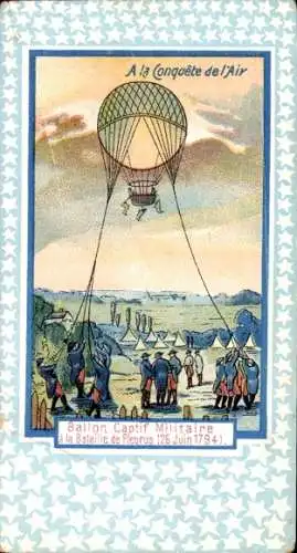 Passepartout CPA A la Conquete de l'Air, Ballon Captif Militaire a la Bataille de Fleurus 1794