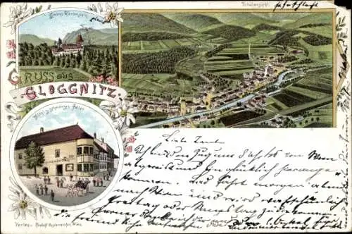 Litho Gloggnitz in Niederösterreich, Gesamtansicht, Schloss, Hotel zum schwarzen Adler