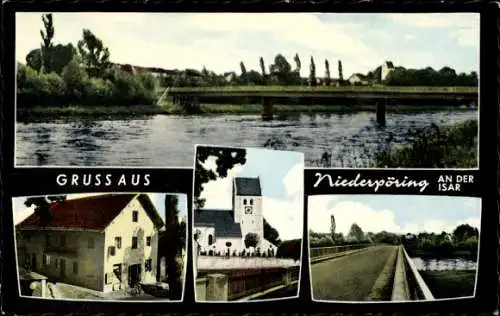 Ak Niederpöring an der Isar Oberpöring Niederbayern, Brücke, Gasthaus, Kirche