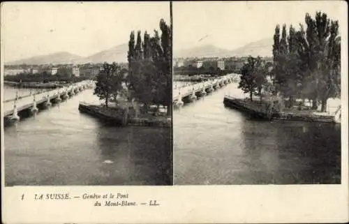 Stereo Ak Genf in der Schweiz, Brücke, Mont Blanc