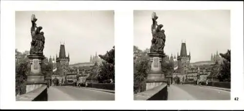 Stereo Foto Praha Prag, Moldau, Karlsbrücke, Statue des Heiligen Luitgard