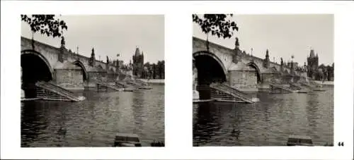 Stereo Foto Praha Prag, Moldau, Karlsbrücke, Altstädter Brückenturm