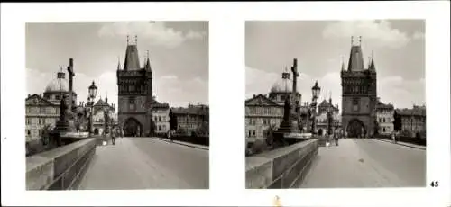 Stereo Foto Praha Prag, Moldau, Karlsbrücke, Altstädter Brückenturm
