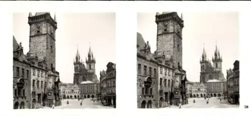 Stereo Foto Praha Prag, Altstadt, Altstädter Ring, Teinkirche, Altstädter Rathaus