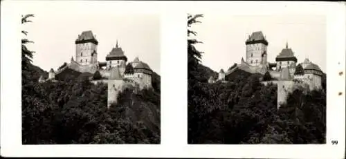 Stereo Raumbild Foto Karlštejn Karlstein Mittelböhmen, Karlův Týn, Burg Karlstein, Gesamtansicht