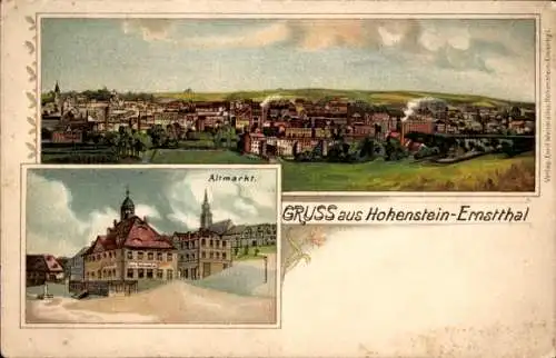 Litho Hohenstein Ernstthal in Sachsen, Panorama, Altmarkt, Rastkeller, Rathaus