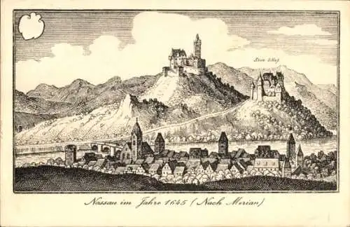 Künstler Ak Merian, Nassau im Rhein Lahn Kreis, Nassau im Jahre 1645, Stein Schloss