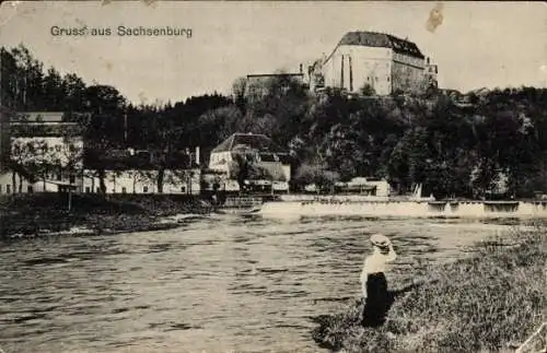 Ak Frankenberg an der Zschopau, Sachsenburg, Uferpartie, Wehr