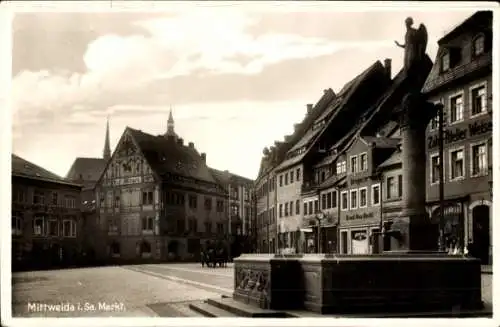 Ak Mittweida in Sachsen, Brunnen auf dem Marktplatz, Café, Geschäfte