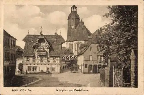 Ak Rochlitz an der Mulde, Mühlplatz mit Petrikirche, Weinhandlung