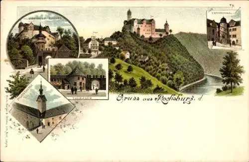 Litho Rochsburg Lunzenau in Sachsen, Thorhaus, Schloss, Pulverturm, Treppenhaus