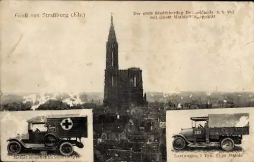 Ak Straßburg Elsass Bas Rhin, 1.Stadtüberflug mit einem Mathis-Flugapparat 1916, Mathis LKW