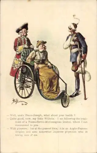 Künstler Ak Propaganda Frankreich, Kaiser Franz Joseph I. im Rollstuhl, Wilhelm II verwundet
