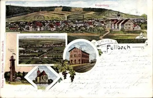 Litho Fellbach in Württemberg, Gesamtansicht, Kappelberg, Bahnhof, Kirche, Turm