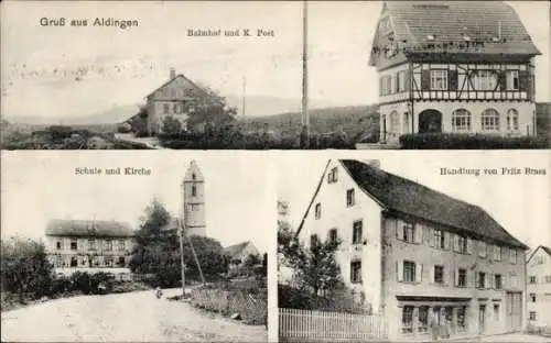 Ak Aldingen in Württemberg, Bahnhof, Post, Schule, Kirche, Geschäftshaus Fritz Brass