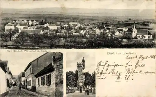 Ak Lonsheim in Rheinhessen, Gesamtansicht, Turm, Wirtschaft und Bäckerei Karl Hilsdorf