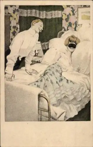 Jugendstil Künstler Ak Dame mit Maske im Bett, Simplicissimus Karte Serie VI No. 4