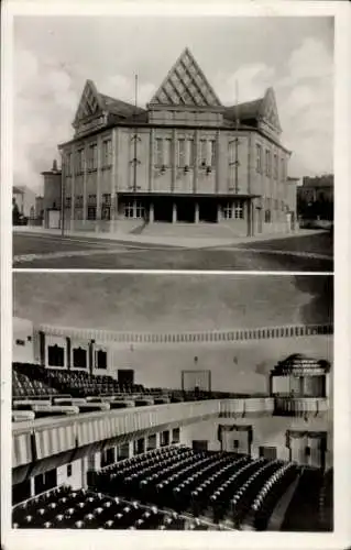 Ak Krnov Jägerndorf Mährisch Schlesien, Stadttheater, Außenansicht, Saal