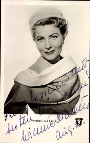 Ak Schauspielerin Winnie Markus, Portrait mit Hut, Autogramm, man nennt es Liebe