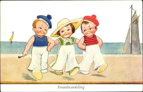 Künstler Ak Wills, John, Mädchen mit zwei Matrosen am Strand