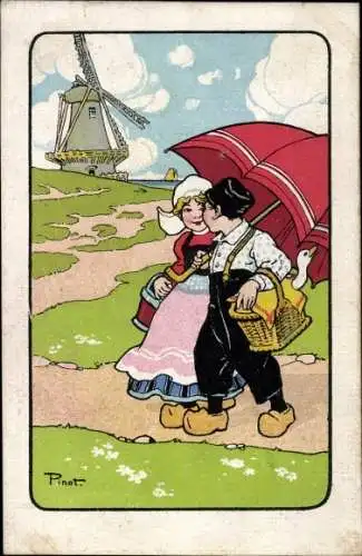 Künstler Ak Pinot, Kinder in niederländischen Trachten, Sonnenschirm, Gans, Windmühle